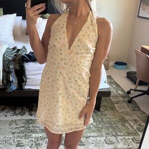 Light Yellow Floral Halter Wrap Mini Dress
